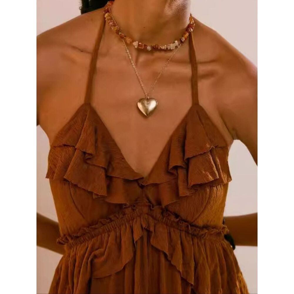 Blue Bohemian Tie-Back Maxi Dress Camel Brown Size S M L XL - Picture 2 of 5